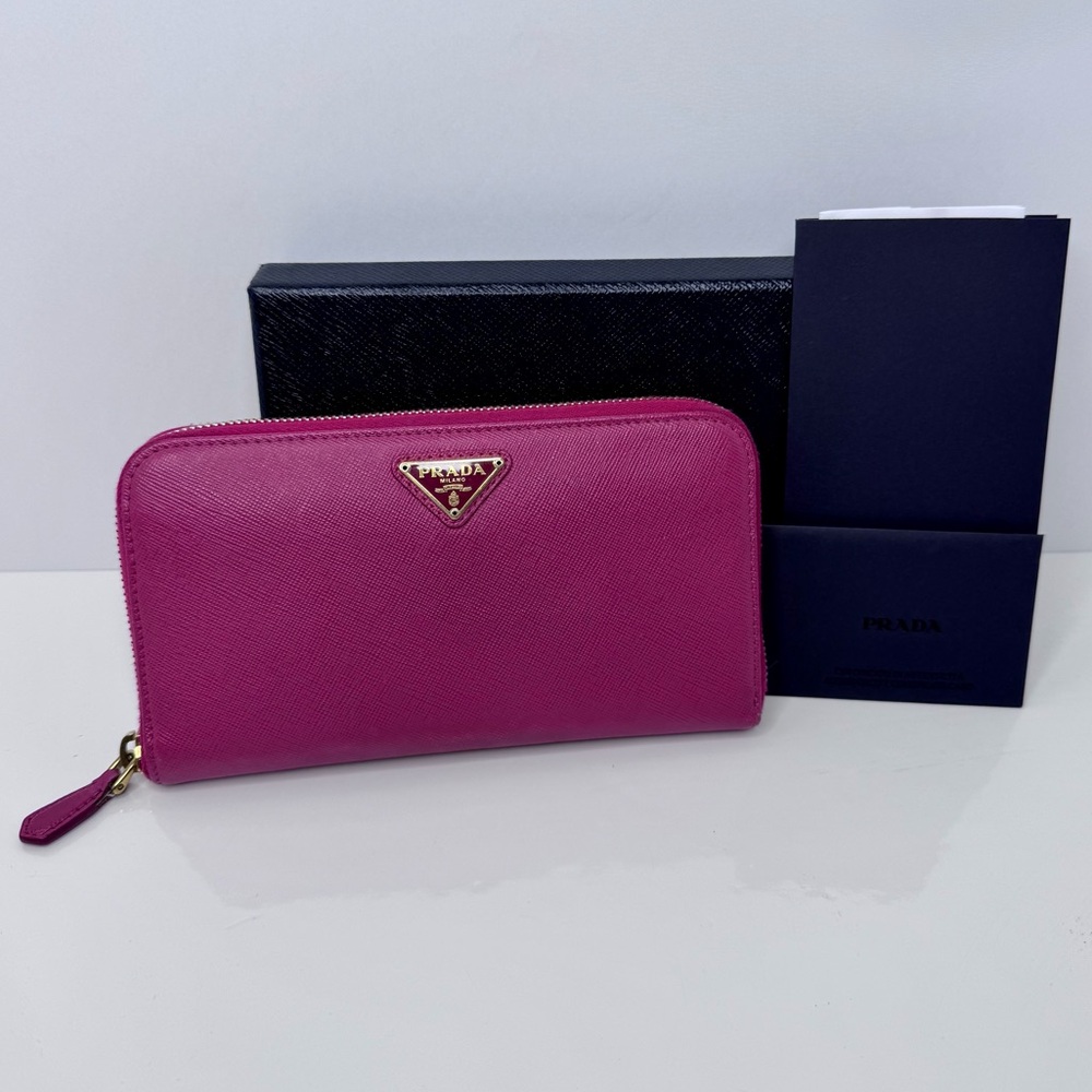 Prada ‘Triang’ Saffiano Leather Zip Around Wallet in Peonia